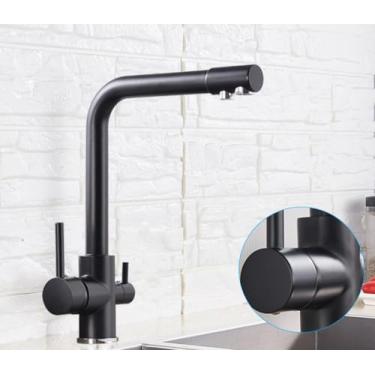 Imagem de Filtro de níquel escovado torneira da cozinha água potável torneira da cozinha deck montado alças duplas misturador de água fria de 3 vias, preto fosco