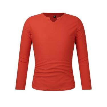 Imagem de Camiseta masculina com estampa leve para sol, moderna, casual, cor sólida, algodão, gola V, bolso, botão, manga curta, Vermelho, G