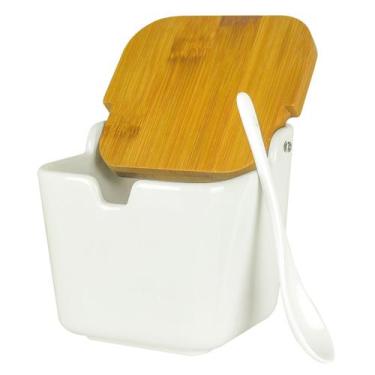 Imagem de Saleiro de Mesa de Cerâmica com Tampa de Madeira e Colher - Lyor