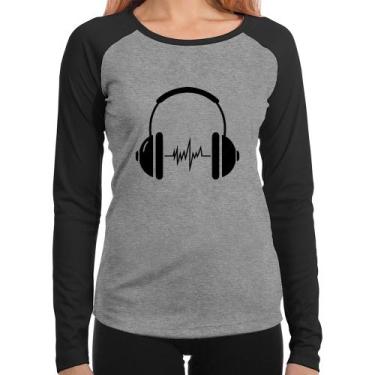 Imagem de Baby Look Raglan Headphone Batimentos Manga Longa - Foca na Moda, Cinz
