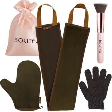 Imagem de BOLITFU Kit Aplicador de Luva Autobronzeadora de 4 Pacotes, com Luva Autobronzeadora, Aplicador Autobronzeador Nas Costas, Luva Esfoliante, Escova de Bronzeador Facial Plana, Mit Mit para Autobronzeador Sem Sol (Marrom)