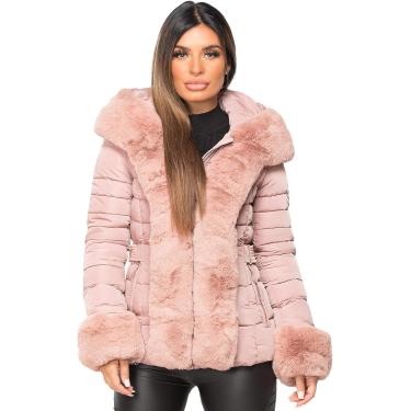 Imagem de Casaco feminino acolchoado acolchoado lateral com cinto de pele e capuz, rosa, 8
