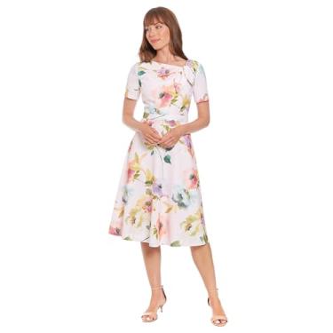 Imagem de London Times Vestido feminino evasê midi manga curta justa com detalhe de laço - vestidos florais versáteis, Creme/azul, 44