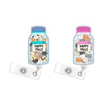 Imagem de Bobinas de crachá Happy Pills para gatos e cães, retráteis, engraçados, com carretel de crachá, clipe de identidade, etiqueta de nome, cartão de identificação, clipe de crachá, acessórios de acrílico,