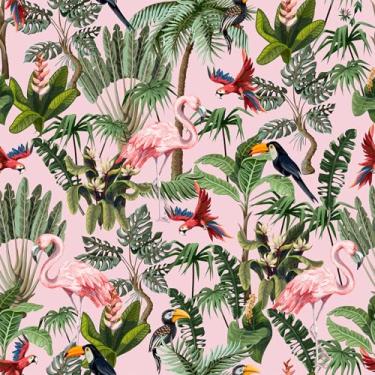 Imagem de VEELIKE Papel de parede rosa da selva descasque e cole papel de parede tropical rosa removível para quarto de banho, berçário, 40 x 38 cm, mural de parede de pássaros flamingo, papel de contato