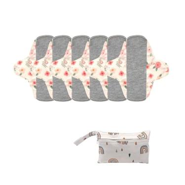 Imagem de KUMUROETA Forro de calcinha de pano, absorvente higiênico lavável com asas, almofadas menstruais laváveis reutilizáveis, 7 peças/conjunto, pacote com 6 + 1 bolsa de armazenamento, adequado para