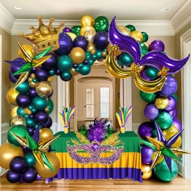 Imagem de Kozee Mardi Gras balloon garland arch kit 130pcs Double-Stuffed Purple Emerald green gold with Mylar Crown and DIY Crown Mask Balloons for Gorgeous Funny Grand Fat Tuesday Party decorations