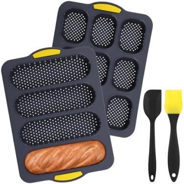 Imagem de Conjunto de 4 moldes de pão de hambúrguer SSilicone - 4 9 xícaras de silicone para pão de hambúrguer e forma de baguete com raspador e escova de óleo, formas antiaderentes de pão para sanduíche de pão