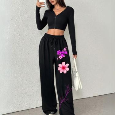 Imagem de Calça Feminina Moletom Wide Leg Floral Minimalista Inverno Quentinho -