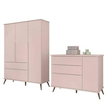 Imagem de Jogo De Quarto Infantil Retrô Melinda Guarda Roupa E Cômoda Com Porta Rosê - Phoenix Baby Rosê