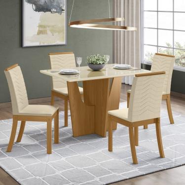 Imagem de Conjunto Sala De Jantar Tampo Mdf Canto Reto Com Vidro 120 Cm 04 Cadeiras Valentina Henn Nature Com Off White E Linho
