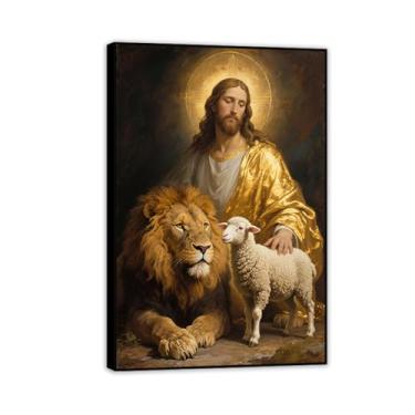 Imagem de Arte de parede em tela Jesus e leão imagens cristãs decoração de parede com impressão de leão e cordeiro arte para igreja sala de estar quarto 45 x 30 cm (18 x 12 pol) moldura preta