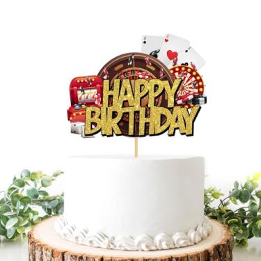 Imagem de Casino Cake Topper, Gold Glitter Happy Birthday Cake Decoration - Mini Slot Toy Machine Poker Casino Night Theme Birthday Party Supplies