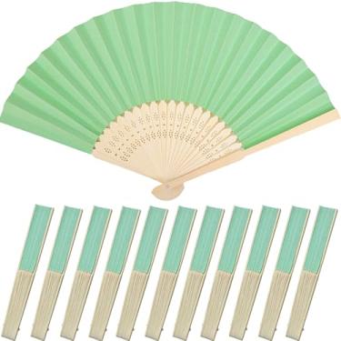 Imagem de Bestage 12 peças de leque dobrável para mulheres, verde claro decorativo leque de mão dobrável chinês japonês bambu molduras leques de seda para casamento, dança, lembrancinhas de festa, decoração DIY