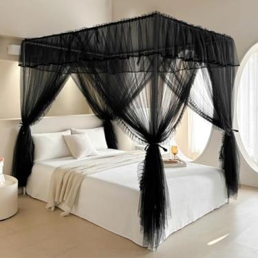 Imagem de AIKASY Cortina de Dossel de Cama de Princesa com Babados de 4 Cantos- Rede de Cortina Aconchegante de Camada Dupla com 4 Aberturas- Mosquiteiro Elegante para Decoração de Quarto de (Completo, Preto)