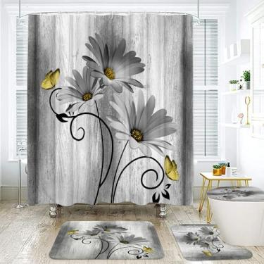 Imagem de Onalasyc Conjunto de 4 peças de cortina de chuveiro borboleta de margarida cinza com cortina de chuveiro, carpete e acessórios, conjunto decorativo de cortina de chuveiro à prova d'água com 12 ganchos