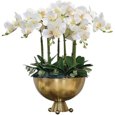 Imagem de Decoração De Flores Artificiais Com Vaso Grande Arranjo De Orquídeas Artificiais Flor Com Vaso Dourado Falso Phalaenopsis Bonsai Para Ornamento De Decoração De Casamento De E, Large