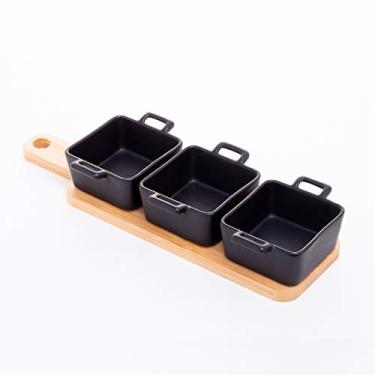 Imagem de Conjunto 3 petisqueiras porcelana preta base bambu 28x8x6cm Bon Gourmet