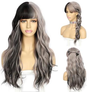 Imagem de SAPPHIREWIGS Peruca cinza prateada com franja longa cinza com peruca preta feminina ondulada natural para festa diária, cosplay, Natal, usa 66 cm