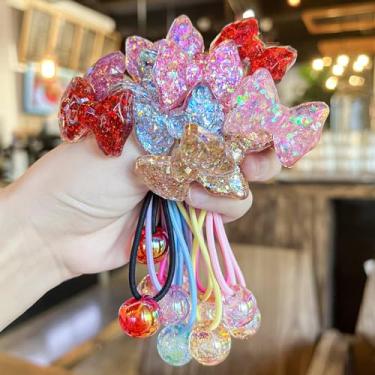 Imagem de 12 peças de laços de cabelo com pingente de bola para meninas, elásticos coloridos de camélia com bolhas, suportes de rabo de cavalo sem danos para meninas pequenas (rosa, roxo, azul, vermelho rosa