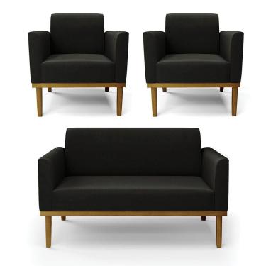 Imagem de Sofá Namoradeira Com 2 Poltronas Base De Madeira Fixa Castanho Marisa Suede D03 - D?rossi Cor Preto