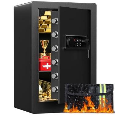 Imagem de Cofre grande de aço 3.0 para casa com luz LED, 6 parafusos de bloqueio, cofre eletrônico à prova de fogo com prateleiras removíveis e alerta inteligente, cofre digital com bolsa à prova de fogo para