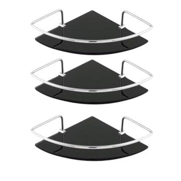 Imagem de Kit 3 Prateleiras de Canto para Banheiro, Plástico Preto com Suporte Cromado, Formato Curvo