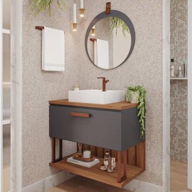 Imagem de Gabinete Suspenso Banheiro Mari 80cm com Cuba e Espelheira Lua Espresso Móveis Titanium