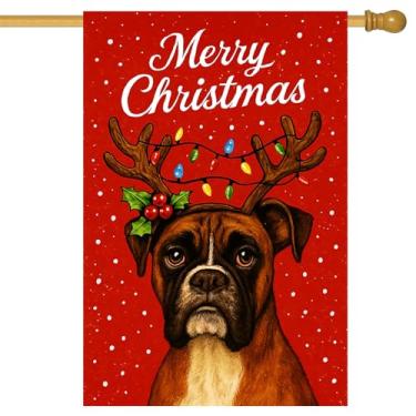 Imagem de BlissYard Merry Christmas Garden Flag Boxer Dog Rena Chifres Luzes de Natal 71 x 101 cm Banners de quintal grande dupla face para amantes de cães varanda casa ao ar livre férias inverno decoração