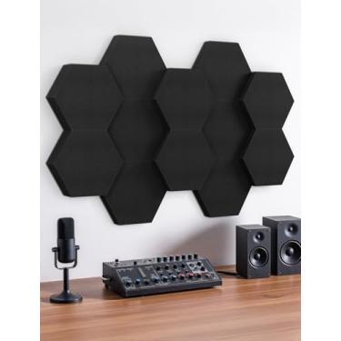 Imagem de Painéis de espuma acústica, 4 cm e 7 cm de espessura dupla, 12 unidades de azulejos de espuma de absorção de som para paredes, portas, teto, 30,5 cm x 25,4 cm painéis de arte decorativos hexagonais 3D