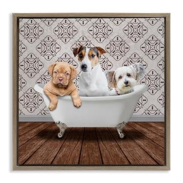 Imagem de Stupell Industries Tela flutuante com moldura marrom Bath Buddies Dog Trio Design de arte de parede por Marcus Prime, 45,7 x 45,7 cm