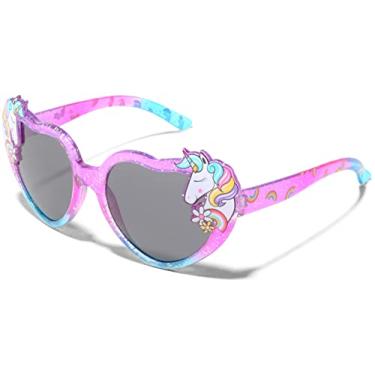 Imagem de ShadyVEU Óculos de sol infantil unicórnio com glitter, cor de arco-íris, formato de coração, óculos de sol para festas mágicas à prova de estilhaçamento, Armação azul rosa/lente fumê, Small