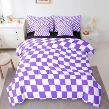 Imagem de Castle Fairy Jogo de edredom Queen xadrez roxo e branco para todas as estações, arte abstrata, lençol de cima, lençol com elástico, lençol de cima, lençol com elástico, fronhas