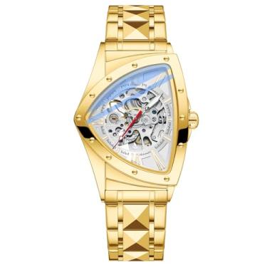 Imagem de Tiong Relógio masculino triangular dourado cinza esqueleto mecânico, relógio masculino esportivo com pulseira de aço inoxidável - cinza dourado