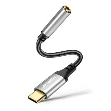 Imagem de AIYEEN Adaptador de fone de ouvido tipo C para 3,5 mm, cabo conversor USB C para auxiliar estéreo com chip de placa de som DAC de alta resolução, nylon trançado, 13 cm - prata