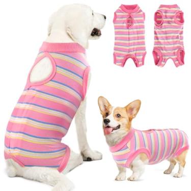 Imagem de Lukovee Traje de recuperação para cães, macacão de recuperação de cirurgia para cães machos, coleira eletrônica de cone de feridas abdominais alternativa para evitar lamber e castrar (listras rosa, GG