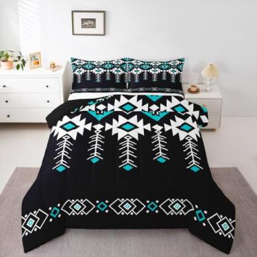 Imagem de Erosebridal Conjunto de edredom solteiro asteca ocidental para meninos, nativo americano, navajo, rústico, sudoeste, étnico, nativo americano, geométrico, para quarto de adolescentes e adultos, preto