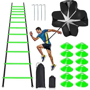 Imagem de Conjunto de treinamento profissional de velocidade e agilidade — Inclui 12 degraus 6 metros escada de agilidade ajustável com bolsa de transporte, 12 cones de disco, 4 estacas de aço, 1 paraquedas de