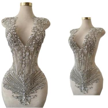 Imagem de Aplique de corpete de contas feitas à mão com design grande em malha costurada em strass lantejoulas remendos radiantes para festa de casamento, vestido de noite, acessórios faça você mesmo, 78 x 30