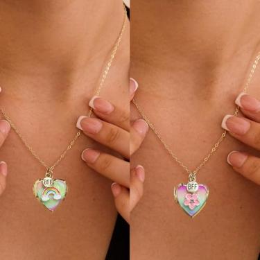 Imagem de 2 peças, colar de amizade de flores arco-íris para mulheres, pingente de coração fofo, medalhão exclusivo, colar com fotos, segredo, armazenamento interno, joias combinando para irmãs amigas, filhas