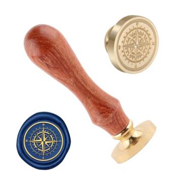 Imagem de Carimbo de selo de cera padrão de bússola cobre 25 mm vintage destacável selo de latão e um cabo de madeira padrão carimbo cabeça carta convite cartão convite casamento presente pacote feriados