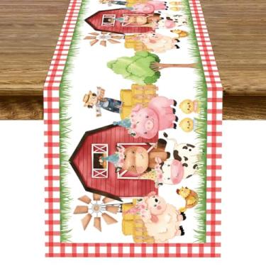 Imagem de Toalha de mesa rústica de poliéster para casa de fazenda de animais de fazenda - vaca, ovelha, frango, perfeita para festa de aniversário, chás de jovens, eventos temáticos de campo, decoração de