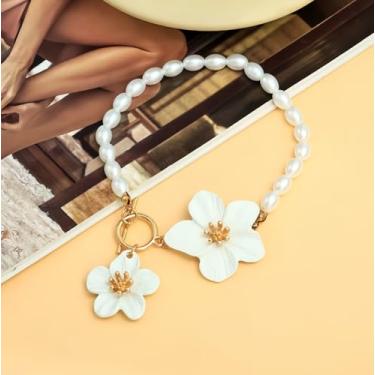 Imagem de Tornozeleira feminina de flor boho, pérola falsa, pulseira de tornozelo com contas de pérolas falsas, fecho de botão para filha, verão, praia, impermeável, com fecho OT, corrente havaiana de férias