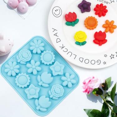 Imagem de Moldes de silicone de flor azul com 12 cavidades para doces, chocolate, cubos de gelo, geleia, pudim, sabão e sobremesa