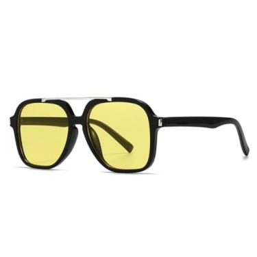 Imagem de JRLLFD Óculos de sol femininos grandes com ponte dupla, armação retrô UV400, rebites, escuros, masculinos (preto e amarelo)