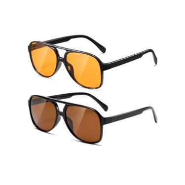 Imagem de (Pacote com 2) Óculos de sol aviador retrô para mulheres, masculinos, armação grande, clássico, vintage dos anos 70, aviadores, Preto/amarelo + preto/marrom, One Size Fits Most Adults