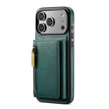 Imagem de POYUFRG Capa magnética para iPhone 17 Pro Max/17 Pro/17 Air/17, carteira destacável com zíper e porta-cartões com vista de logotipo, capa de couro, verde, 17 Air