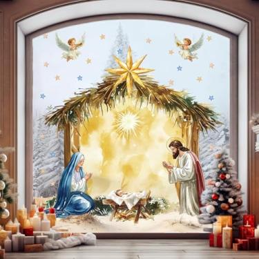 Imagem de 3 peças de Natal Presépio Grande Decorações Adesivos de Janela Religiosa Jesus Cristão Manjedoura de Nascimento Adesivos Reutilizáveis de Dois Lados para Festa de Natal, Feriado, Casa, Igreja, Escola