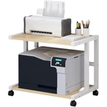 Imagem de HYUIO Suporte de impressora de 2 níveis com rodas, prateleira de armazenamento sob a mesa, suporte de copiadora para escritório em casa, prateleira de rack de micro-ondas (bege, 48 x 38 x 45 cm)