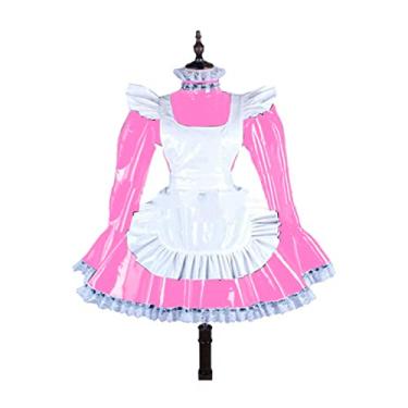 Imagem de Vestido feminino plus size com acabamento em renda e manga comprida com avental branco, fantasia de dia dos namorados, rosa, M